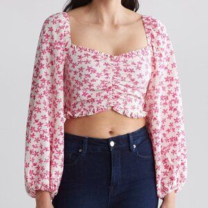 Vici Collection Pink White Ruched Cropped Babydoll Puff Sleeve Top sz Large NWT